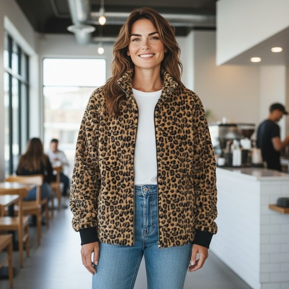 Calvin Klein Jacket Women's 2X Leopard Print Sherpa Full Zip Soft Cozy - Picture 1 of 12
